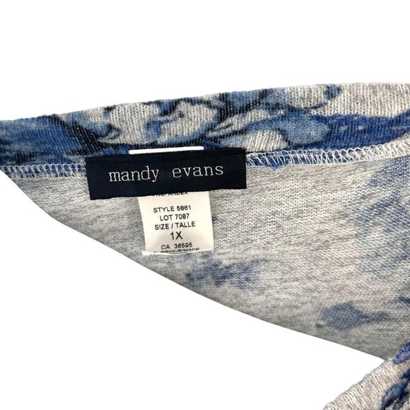 MANDY EVANS SOFT FLORAL PRINT BELL SLEEVE BLUE GRAY TOP - 1X - Picture 4 of 5